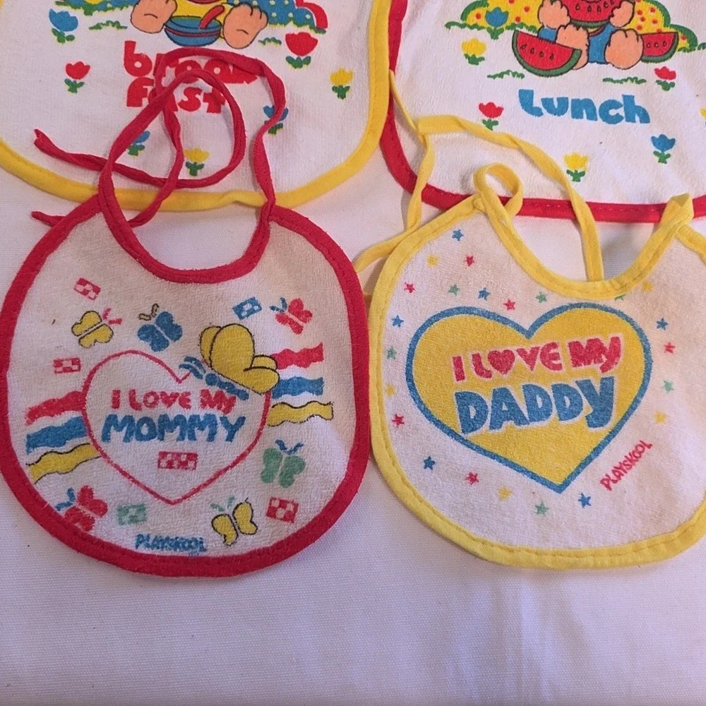 Playskool Vintage Baby Bibs Lot of 7 Multicolor Retro Terry Cloth Mealtime Tie
